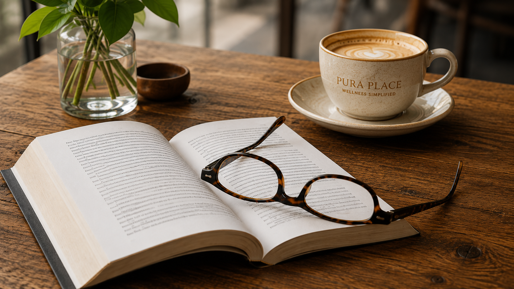 puraplace-pulse-post-new-options-readers-fda-approved-featureimage- Reading glasses on an open book next to a coffee cup on a warm wooden table, illustrating presbyopia and new FDA-approved prescription eye drop options that may reduce dependence on reading glasses.