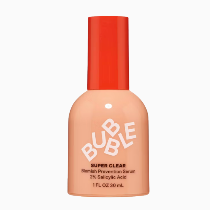Bubble Skincare Super Clear Blemish Prevention Serum in a 30 ml light peach bottle with a vibrant red cap against a plain white background. The bottle text identifies it as a 2% Salicylic Acid acne treatment formula.