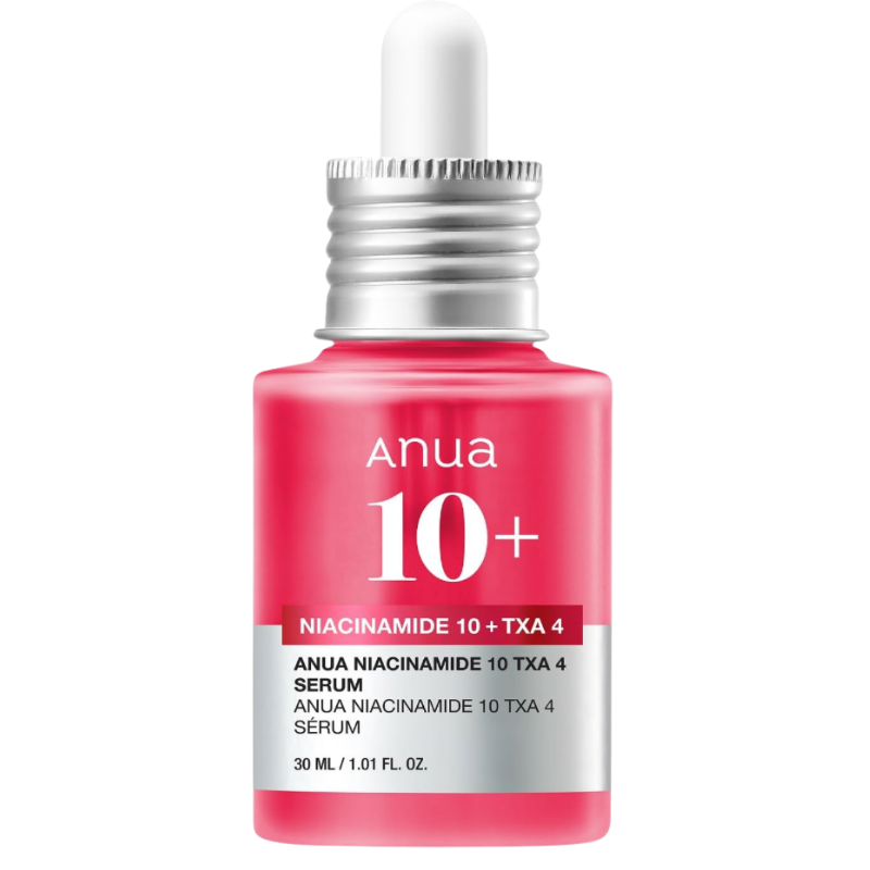 A front-facing studio shot of a 30 ml bottle of Anua Niacinamide 10 + TXA 4 Serum. The bottle features a distinct bright pink opaque finish with a silver dropper cap and a white rubber bulb. A silver and white label prominently displays the brand name "Anua," a bold white "10+," and text specifying the key brightening active ingredients: Niacinamide 10 and TXA 4.