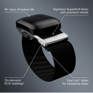 Infographic of the screenless WHOOP MG tracker on a black band. Text labels call out its 14-plus days of battery life, Signature SuperKnit fabric with premium metals, On-demand ECG readings, and a Fast Link slider for swapping styles.