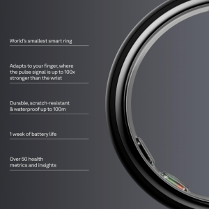 Oura Ring 5 infographic highlighting key features alongside a close-up cross-section of the black smart ring showing internal sensors. Bulleted text lists size, 100-meter waterproof rating, 1-week battery life, and 50+ health metrics.