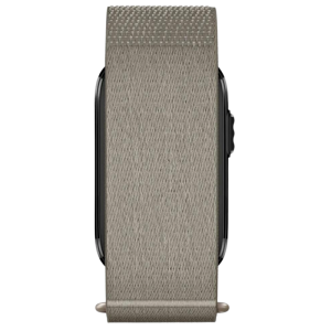 Flat-lay top view of the screenless Garmin CIRQA Smart Band in French Gray. Shows the wide, textured fabric woven nylon strap with a solid color matching end-clip, hiding the tracking module underneath.