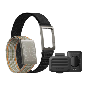 puraplace-pulse-picks-wearables-trackers-screenless-Amazfit-Helio-Strap-Pro-1 Product showcase of the Amazfit Helio Strap Pro. Displays a screenless heart rate tracker on a light grey-and-tan woven band, a solid black band with an empty sensor frame, and a ribbed black waist clip-on motion sensor.