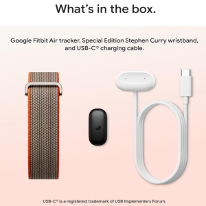 Google Fitbit Air infographic titled "What's in the box." Displays the Stephen Curry Special Edition components laid out flat: a brown and orange woven wristband, a small black screenless tracker pebble, and a white USB-C charging cable.