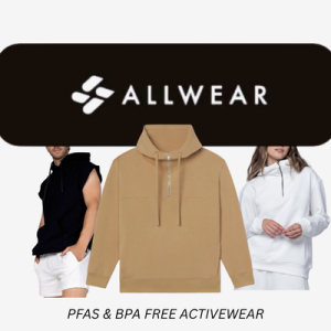 Product banner for Allwear apparel featuring a tan pullover hoodie, a man in a black sleeveless top, and a woman in a white fleece jacket.