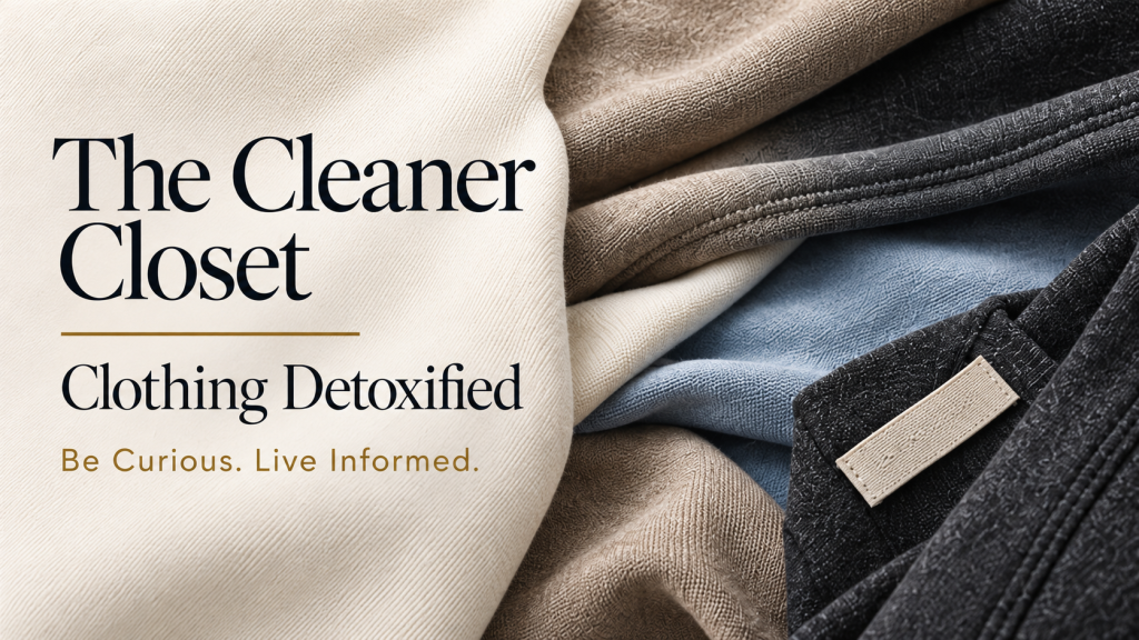 A website blog post feature image titled "The Cleaner Closet" with the subtitle "Clothing Detoxified. Be Curious. Live Informed." The graphic displays a textured close-up of folded organic cotton apparel in cream, tan, light blue, and charcoal gray tones.