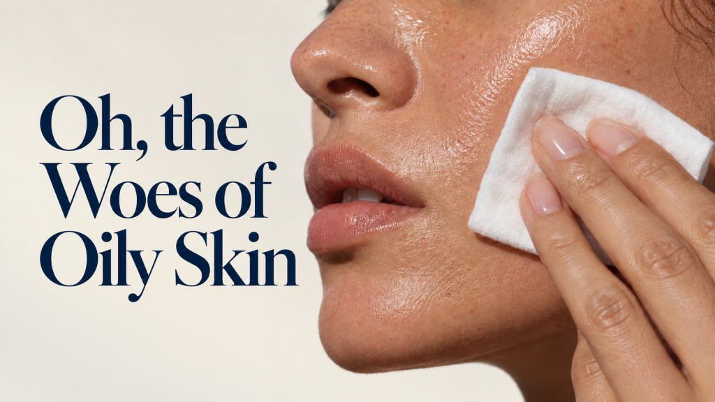 Blog Feature image. A close-up graphic for an oily skincare blog showing a person with shiny skin using a white blotting paper or cotton pad on their cheek. The image features the blue text overlay, "Oh, the Woes of Oily Skin," highlighting common oily skin struggles like excess sebum, daily shine, and clogged pores.