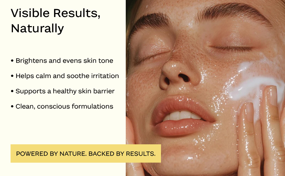 Skincare marketing graphic titled 'Visible Results, Naturally' featuring a woman cleansing her face with foam. Text lists benefits: Brightens and evens skin tone, Helps calm and soothe irritation, Supports a healthy skin barrier, Clean, conscious formulations. Bottom banner reads 'Powered by Nature, Backed by Results.