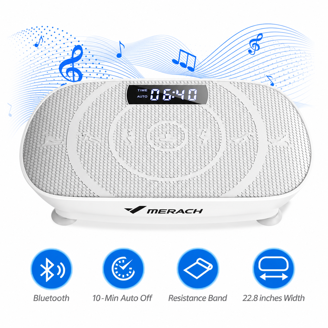 A top-down view of a white Merach CV30 Pro vibration plate showing its textured, dotted standing deck with circular grip outlines and an integrated digital display screen. Musical note graphics float above the machine to emphasize its built-in Bluetooth speakers, and four circular blue feature icons are arranged underneath.