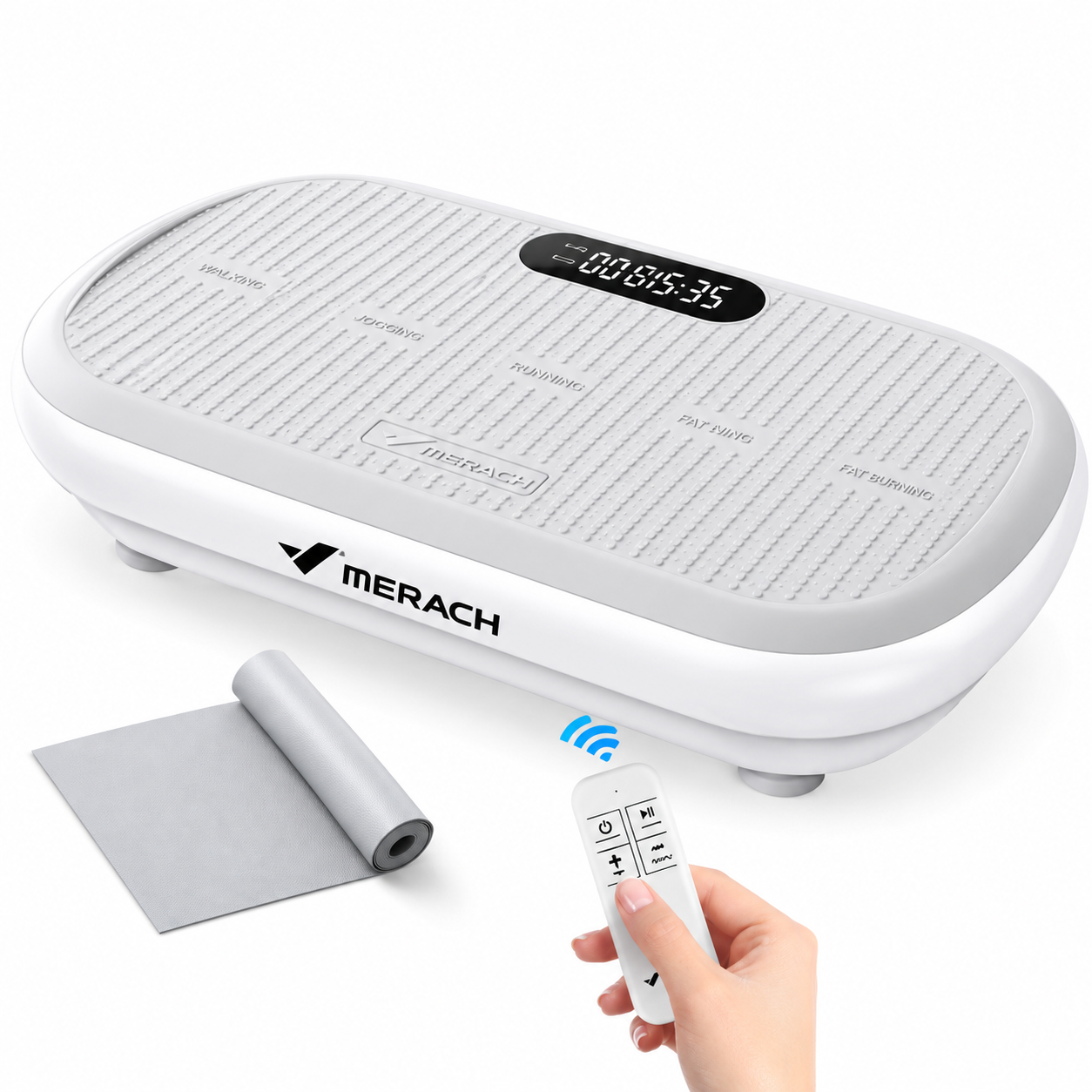 A white and gray Merach CV40 vibration plate machine showing its textured standing surface with marked foot placement zones, integrated top digital display tracker, a rolled-out gray floor protection mat, and a hand holding a white wireless remote control with blue signal wave graphics against a clean white background.