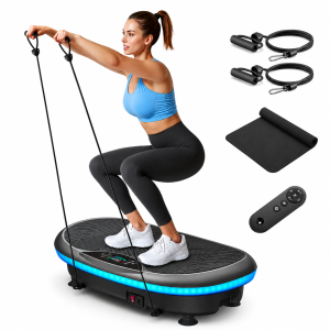 A woman in athletic wear performing a squat on a black Merach CV55 4D curved vibration plate with blue LED side lighting, holding attached black resistance bands. Floating to the right are the included bundle items: two loop resistance bands, a folded black fitness floor mat, and a compact pill-shaped handheld remote control against a white background.