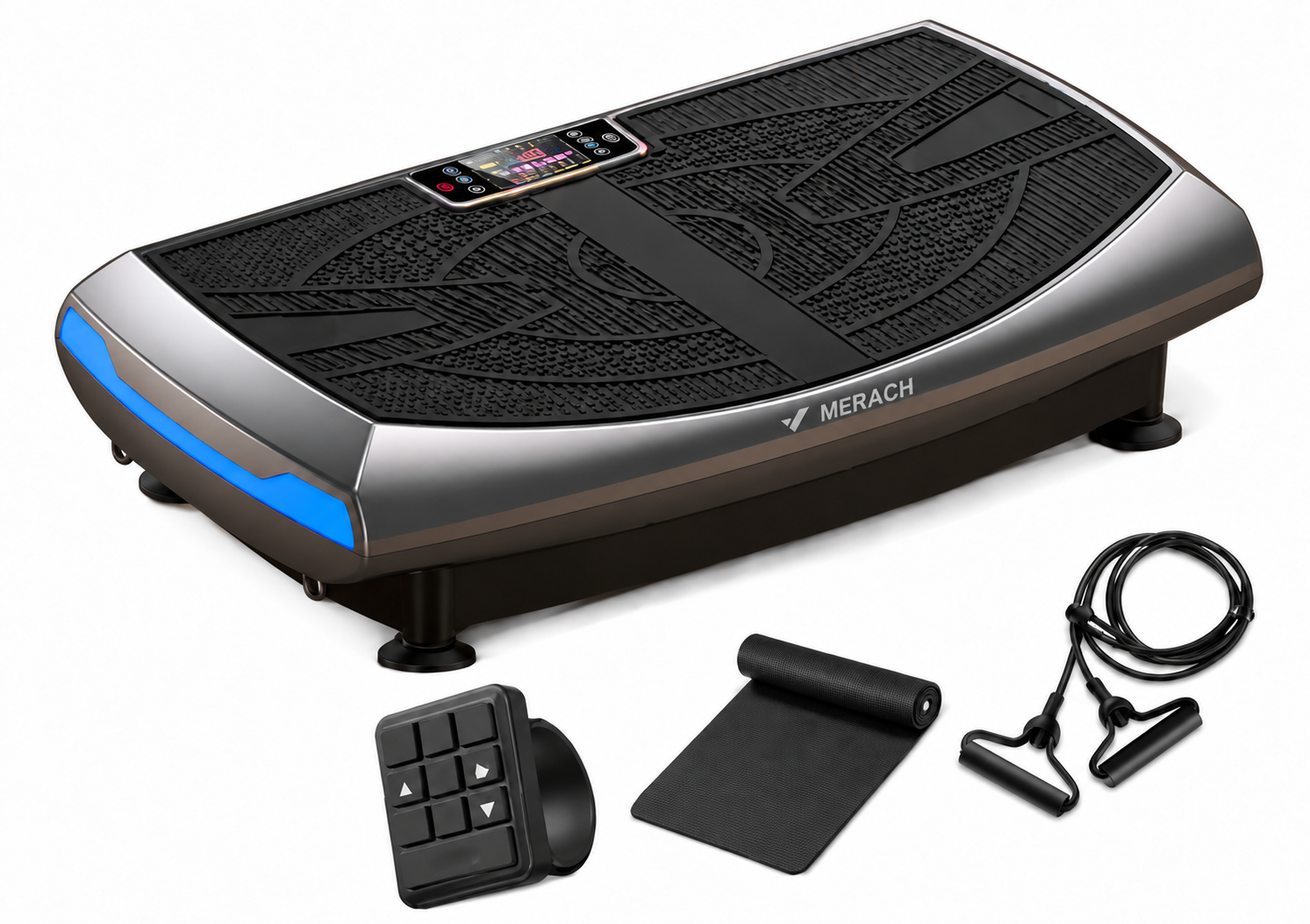 Merach CV61 4D vibration plate machine in space gray with dynamic blue side LED accent lighting, showing the curved non-slip standing surface, integrated digital display screen, wearable wrist remote control, floor protection mat, and upper-body resistance bands.