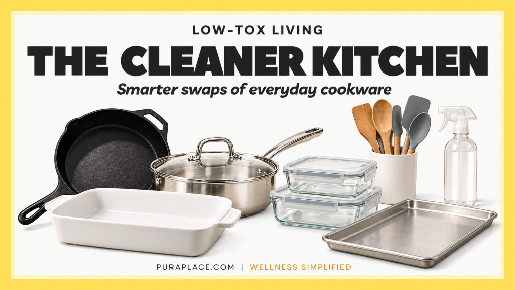 Low-tox living blog feature graphic titled The Cleaner Kitchen showcasing smarter swaps of everyday cookware including a cast iron skillet, stainless steel pots and pans, a ceramic baking dish, glass food storage containers, and silicone utensils.